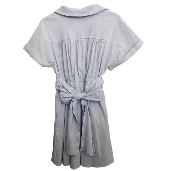 Lulus Size Large Blue Seersucker Short Sleeve Tie Front Bow Back Mini Dress - Picture 5 of 12